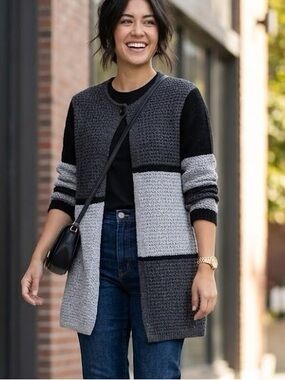 ALIA Colorblock Knit Cardigan Sweater Grey Black Button Front Size S/P